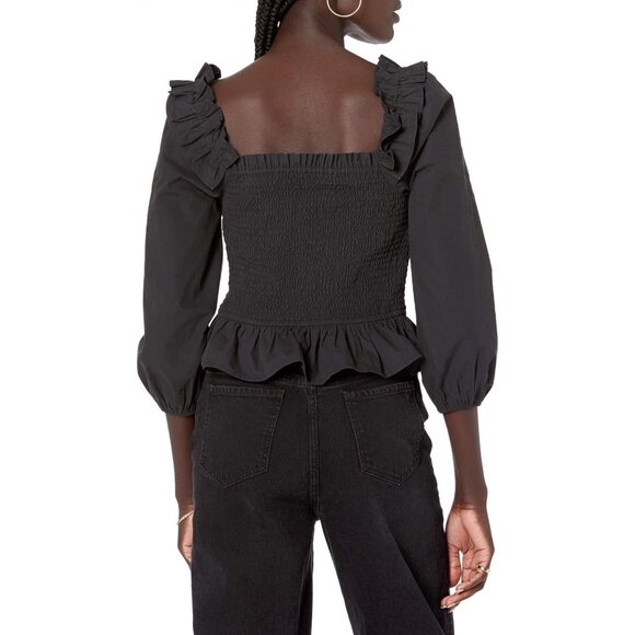 Womens Smocked Peplum Top With Ruffle Trim & 3/4 Sleeves - Black - Picture 5 of 5